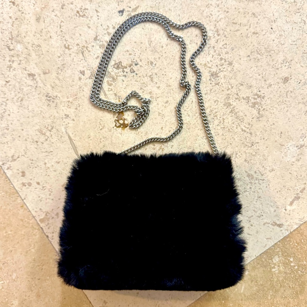 Black Fluffy Fur Clutch w/Strap